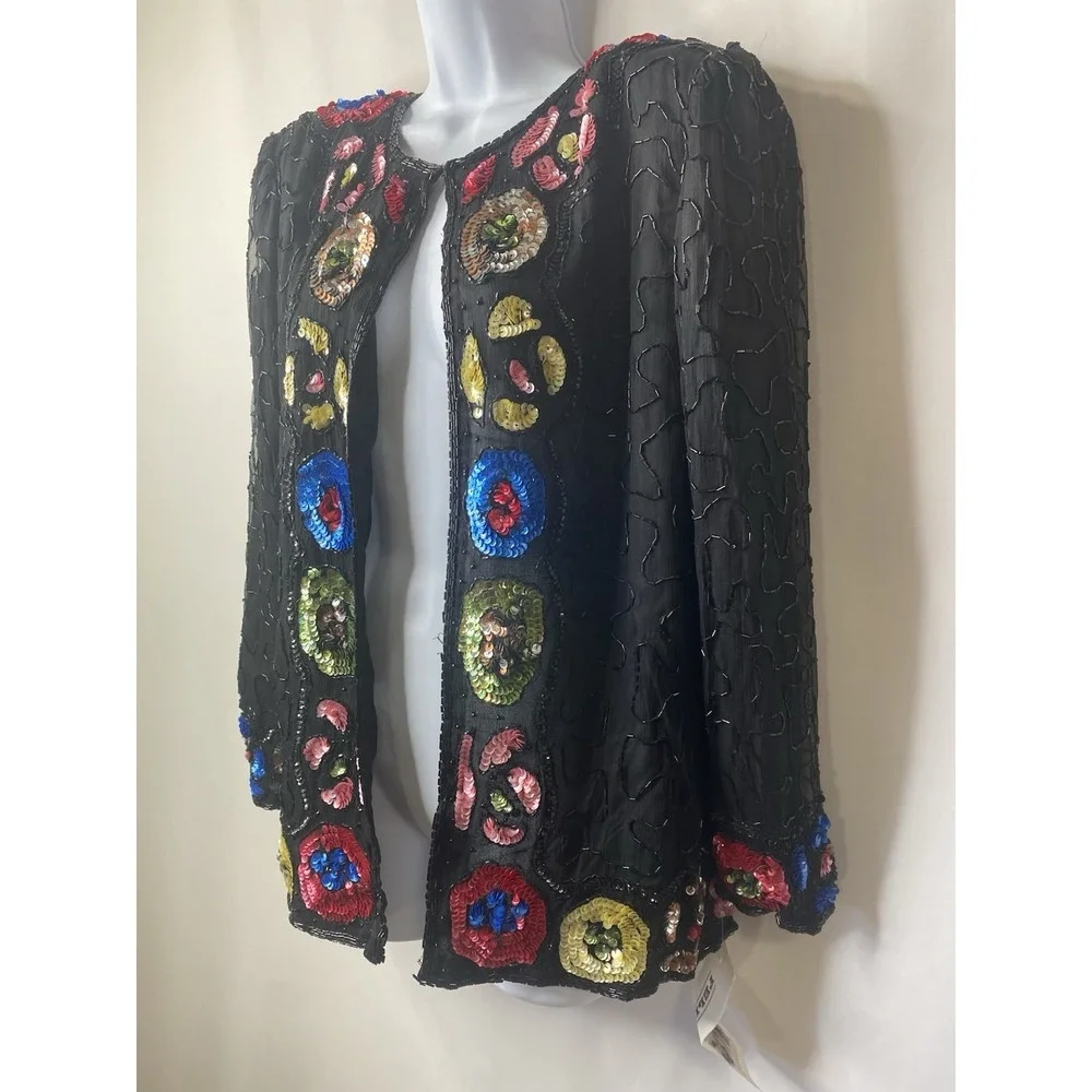 Vintage Felicity Sequined 100% Silk Jacket Size Large Rave Wear Bling Divas Y2K
